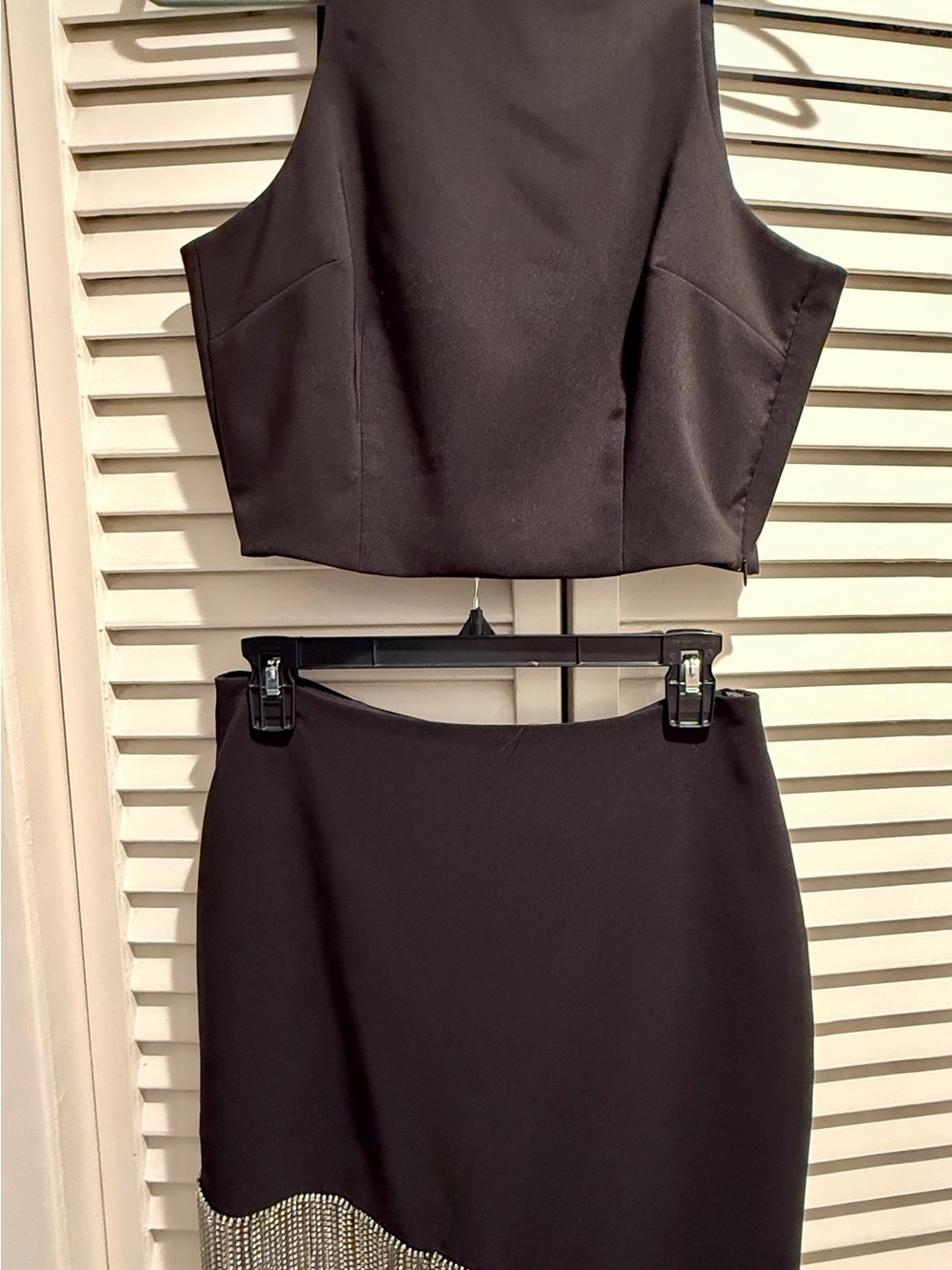 Gianni Bini Black Two-Piece Mini Skirt Set with Rhinestone Fringe